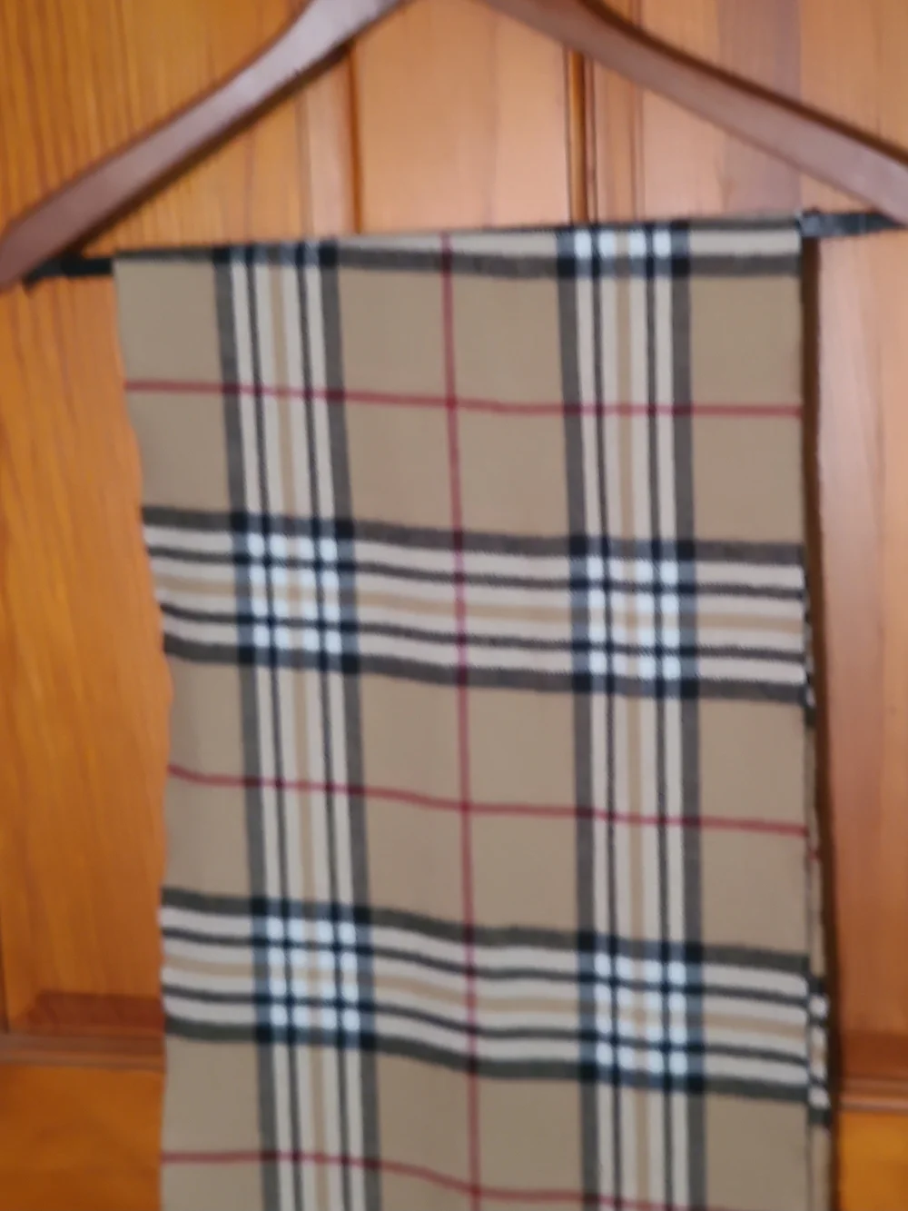 Classic Tan Plaid Scarf with Black, White and Red Stripes Cashmere NWOT Italy